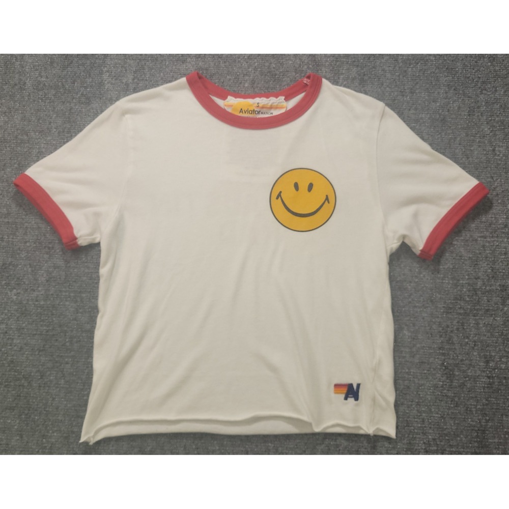 Aviator Nation Keep Austin Rad Smiley Face Ringer T-Shirt White Red Small